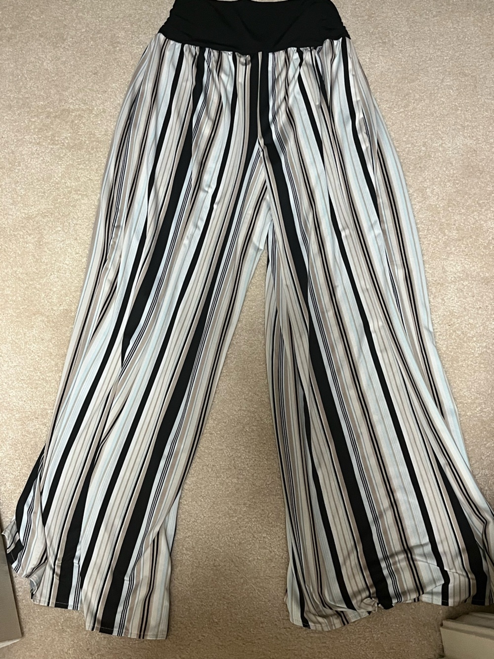 Wide Leg Striped Palazzo Pants - Black, White & Tan